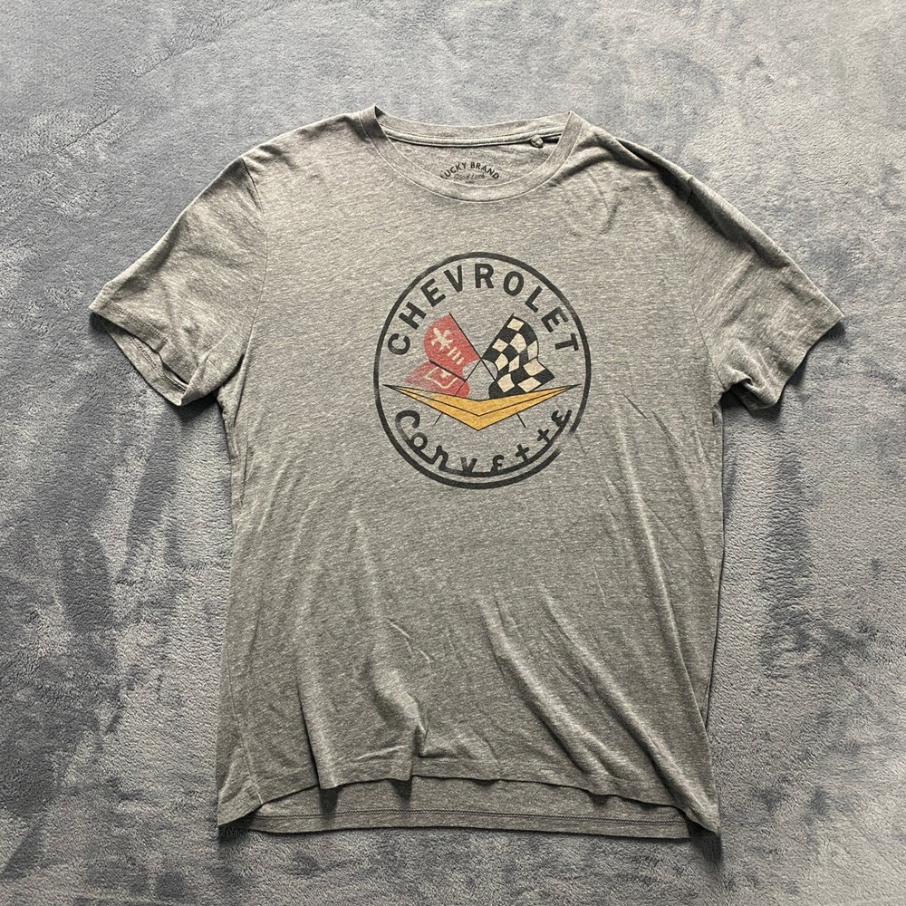 Lucky Brand Graphic Tee Mens XL Grey Excellent Chevrolet Corvette Vintage Style